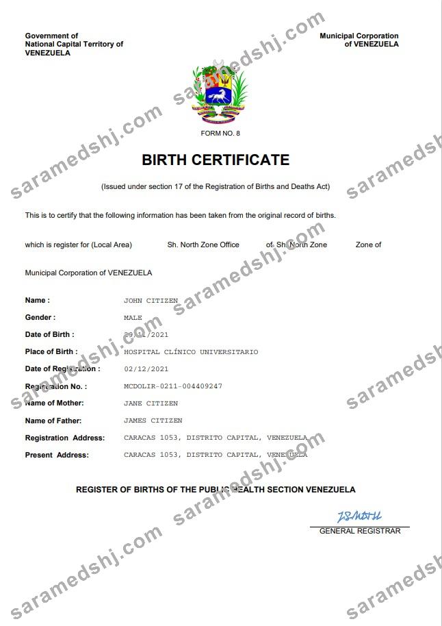 Venezuela vital record birth certificate Word and PDF template